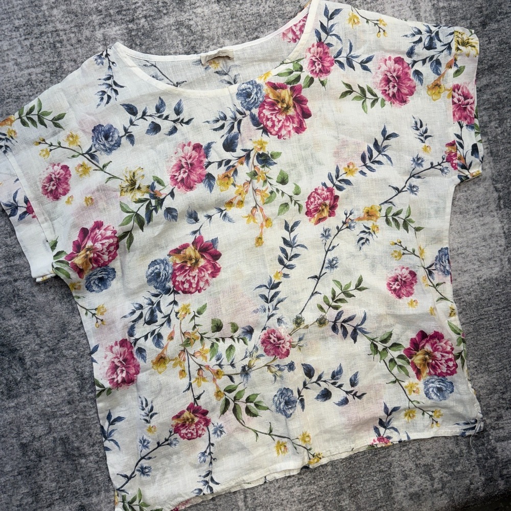Bella Umbra Linen Top Womens Large White Floral Shirt Boxy Boho Garden Party